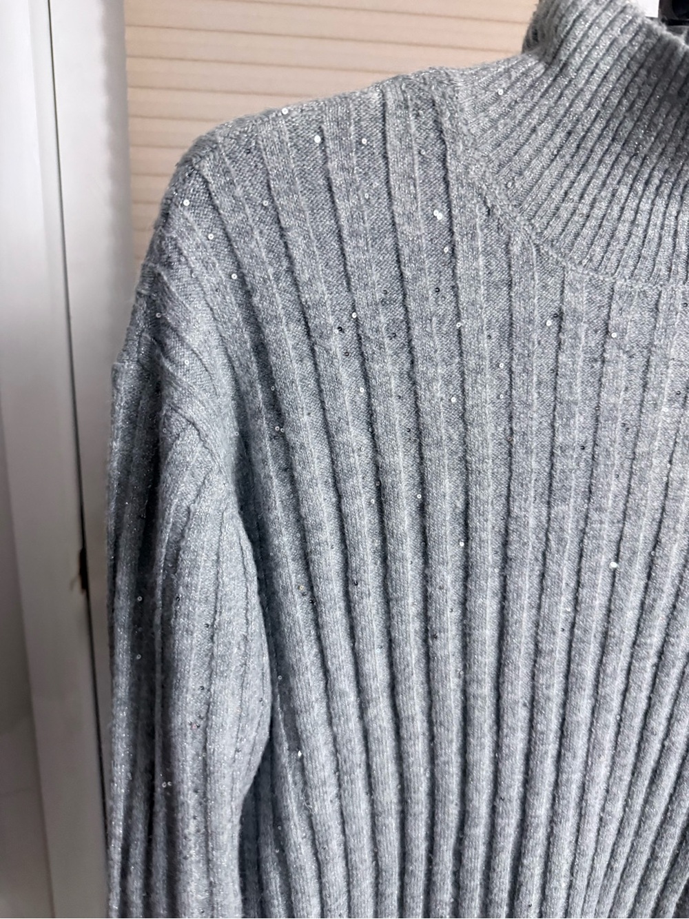 Ribbed Mock Neck Sweater Dress in Light Gray sequins cozy winter icy sparkle - Picture 4 of 12